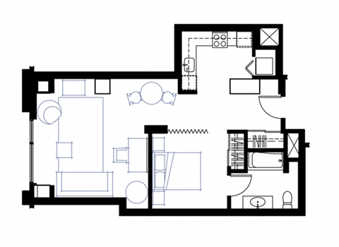 Floor plan for 1 bed, 1 bath, 702 sqft